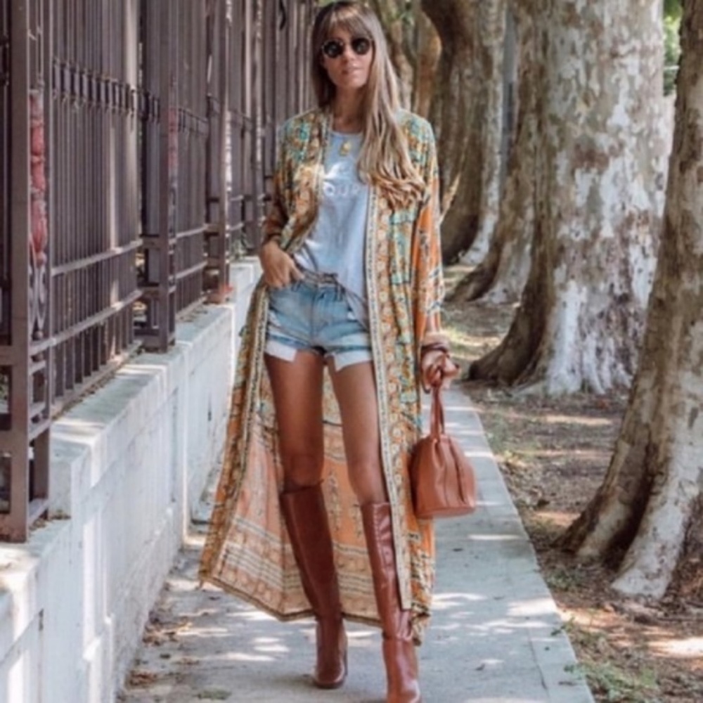 Mustard boho gypsy floral Print Kimono cover up - Picture 6 of 16